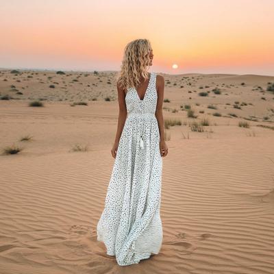 Mode Sommer Neue V-ausschnitt Ärmellose Lange Urlaub Strand Polka Dot Bohemian Kleider
