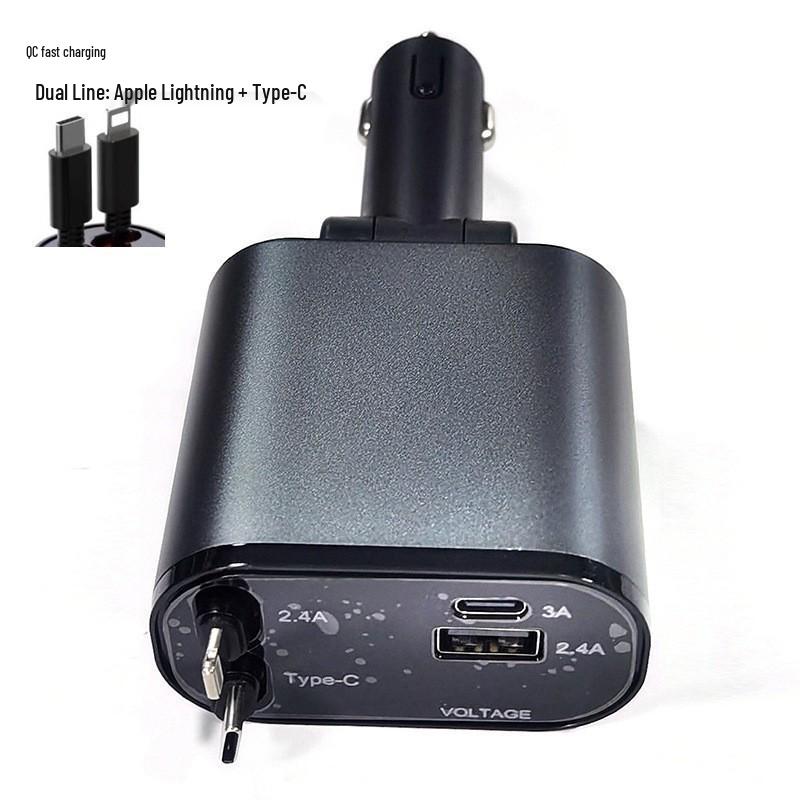 Super Fast Car Phone Charger with Retractable 4-in-1 Cable and Cigarette Lighter Socket for Apple Devices