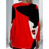 Women's Plus Size with Pocket Design Red Splicing Loose Long Sleeve T-Shirt