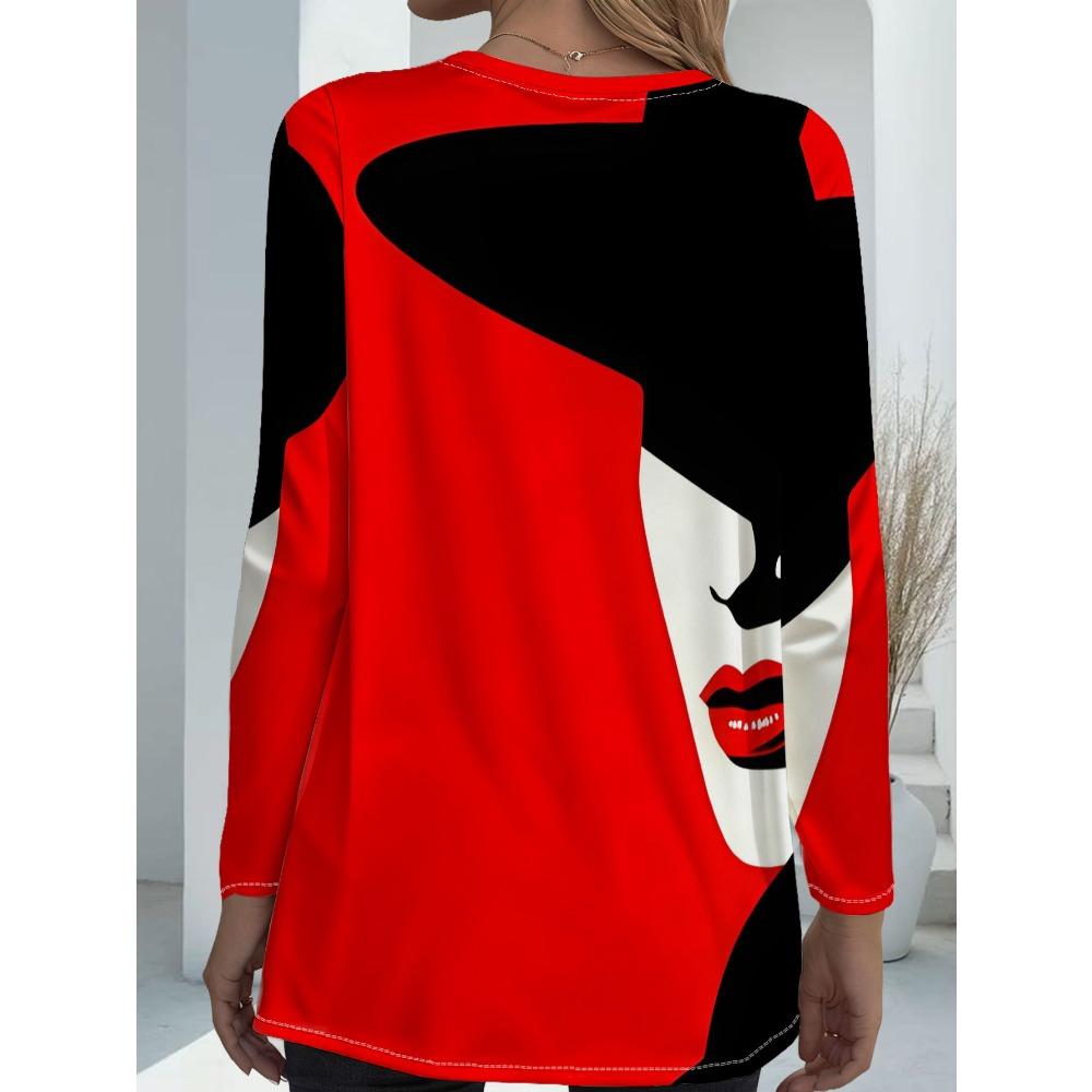 Women's Plus Size with Pocket Design Red Splicing Loose Long Sleeve T-Shirt