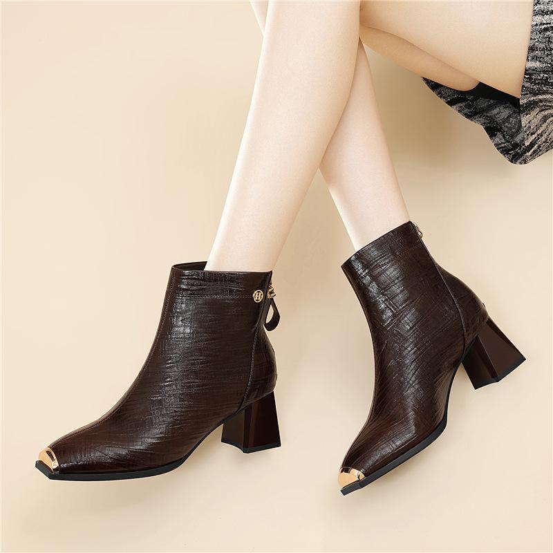 High heel light luxury high sense thick heel heightened autumn and winter side zipper velvet warm women's shoes short boots