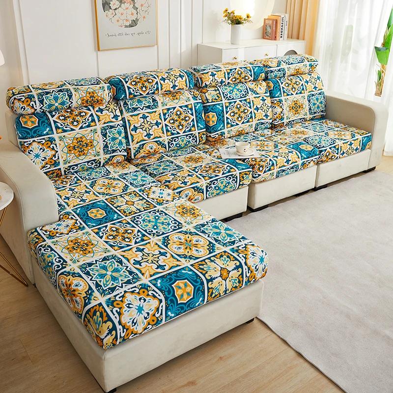 Elastischer Sofa-Sitzbezug, Vier-Jahreszeiten-Sofabezug, kratzfest, dick, mit Blumendruck, flexibles Sitzkissen mit elastischer Unterseite