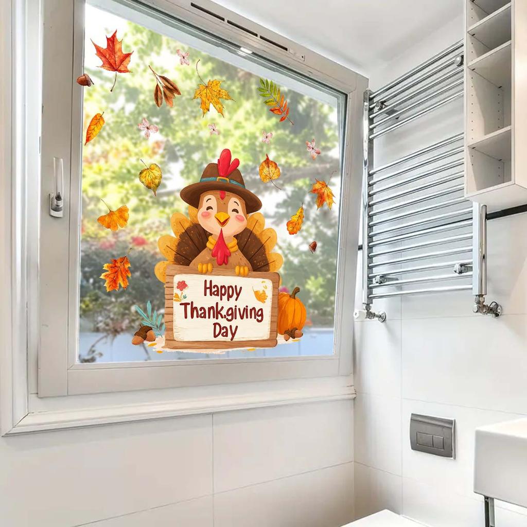 Retro-style Thanksgiving Turkey Window Sticker with Warm Elements. Self-adhesive, No Residue.