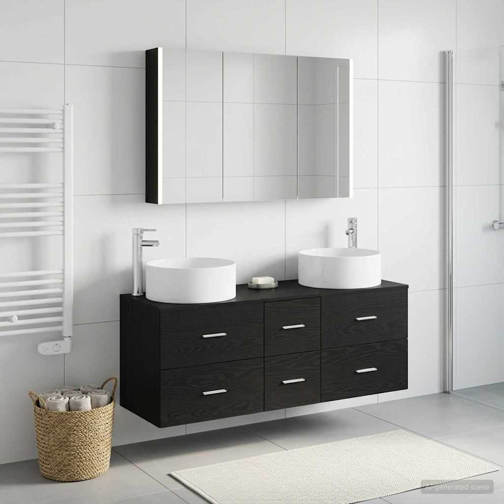 Bathroom Furniture Set 4 Pcs Black Oak Engineered Wood and Glass