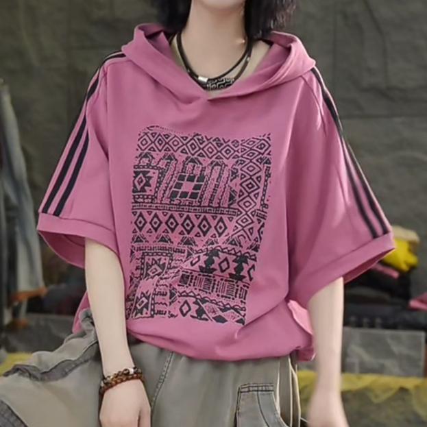 

DIMANAF 2025 Летняя толстовка с капюшоном в полоску, хлопковая футболка для женщин с принтом в виде букв и полосок, короткий рукав, свободный, белый, черный One Size