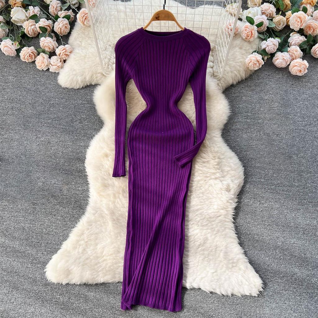 Damska sukienka z dzianiny wełnianej z okrągłym dekoltem, jednolitym kolorem, długim rękawem, swetrem i długą sukienką