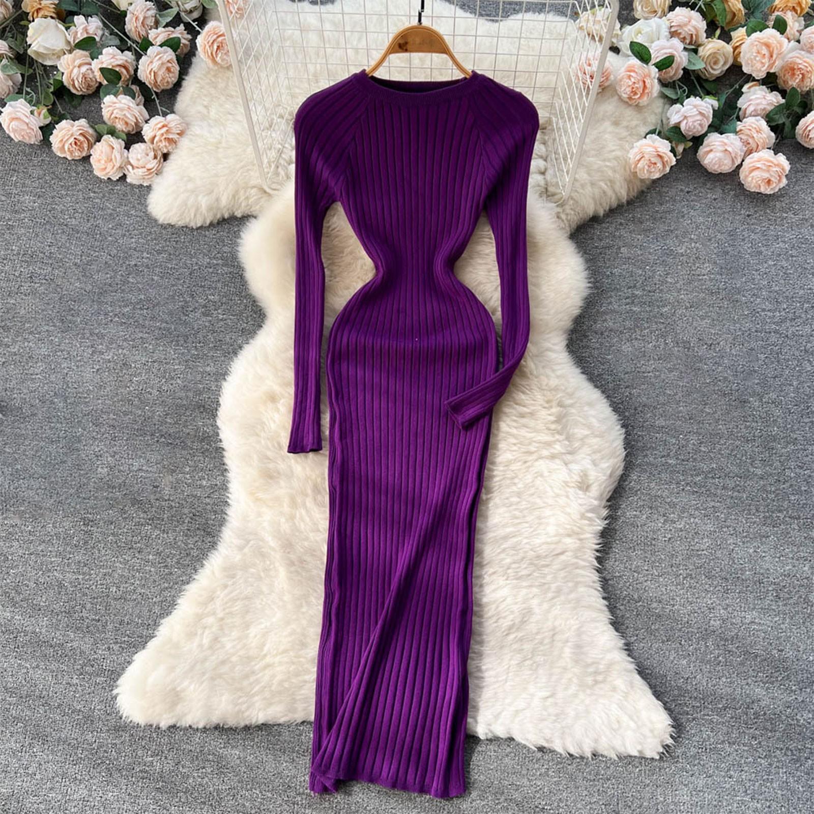 

Женское шерстяное вязаное платье с круглым вырезом, однотонный свитер с длинными рукавами, длинное платье One Size фиолетовый