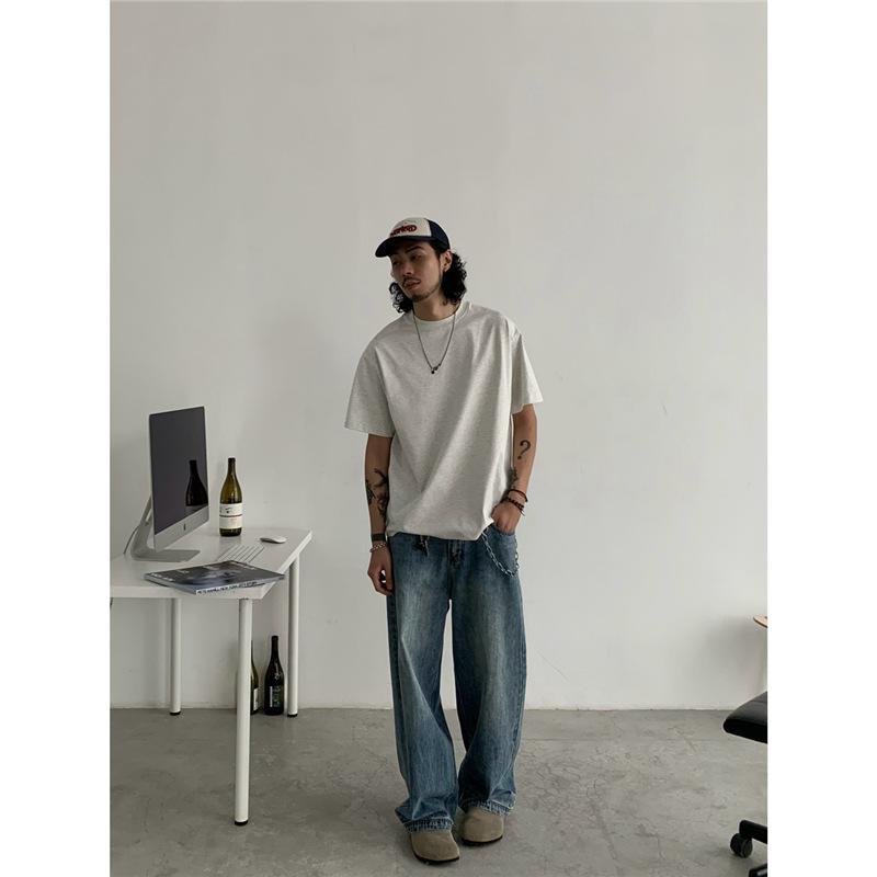 Spring and autumn washed burst blue jeans men's American retro loose wide-leg casual trousers