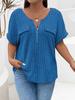 New solid color plus size women's blouse zipper short-sleeved fake pocket pullover T-shirt loose