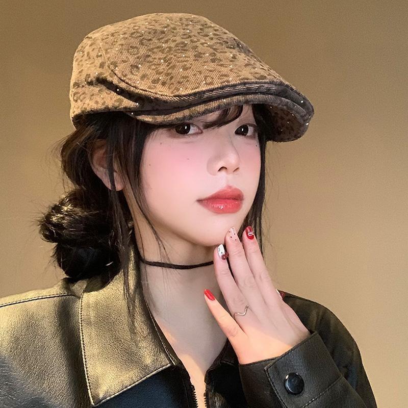 Retro Spice Girl Leopard Print Beret Style Show Face Small Fashion Versatile Forward Hat Personality Peaked Hat