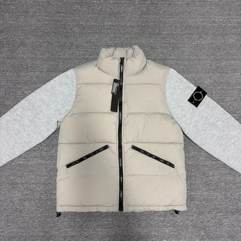Mens Stand Collar Cotton Puffer Jacket With Knit Sleeve Panel Streetwear Style Zipper Front Loose Fit