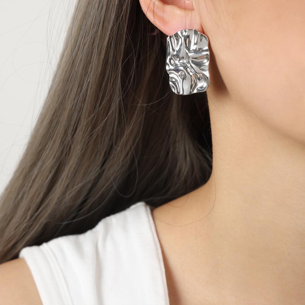 Exaggerated Hip Hop Gold Plated Titanium Steel Earrings with Four-Sided Pleated Texture