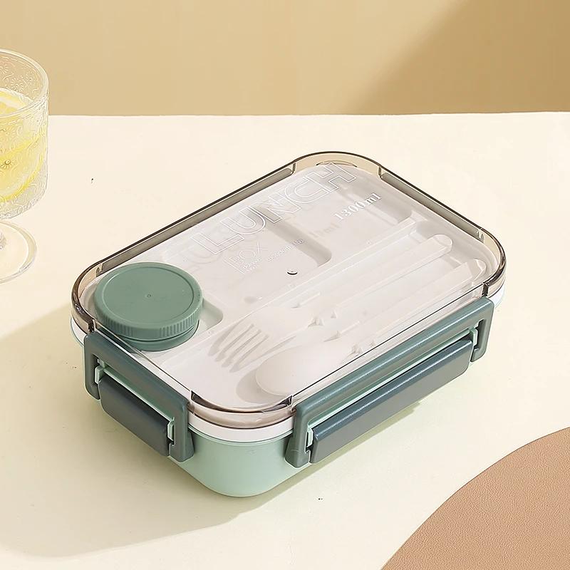 New 1300ml Plastic Lunch Box with Tableware for Adults Students Divided Microwave Oven Bento Box Sealed Leakproof Food Container
