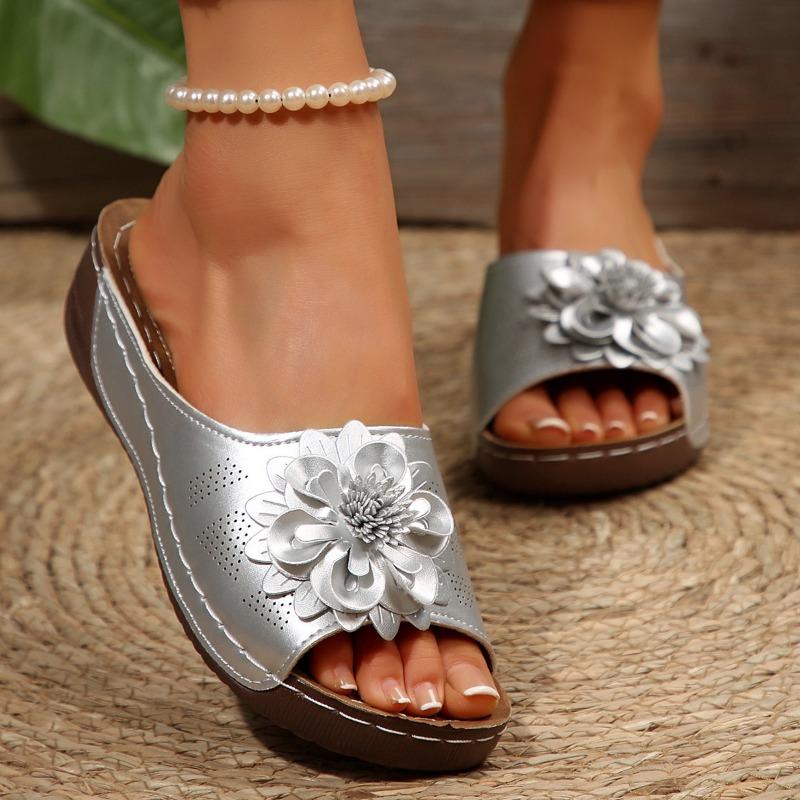 Women's Floral Cut-Out Platform Sandals, Open Toe Wedge Beach Slides, Plus Size Summer Casual Shoes