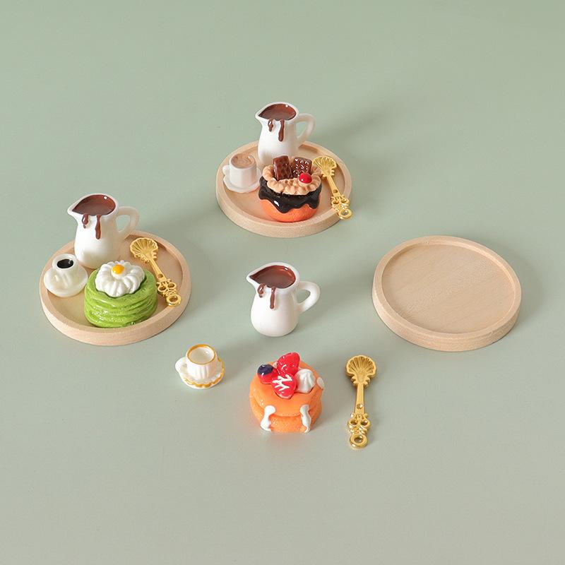 Miniature Dollhouse Food Play Set,Tiny Pancake&Coffee TrayDecor,FakeDessertModel with Syrup Pitcher,DIY Diorama SceneAccessories