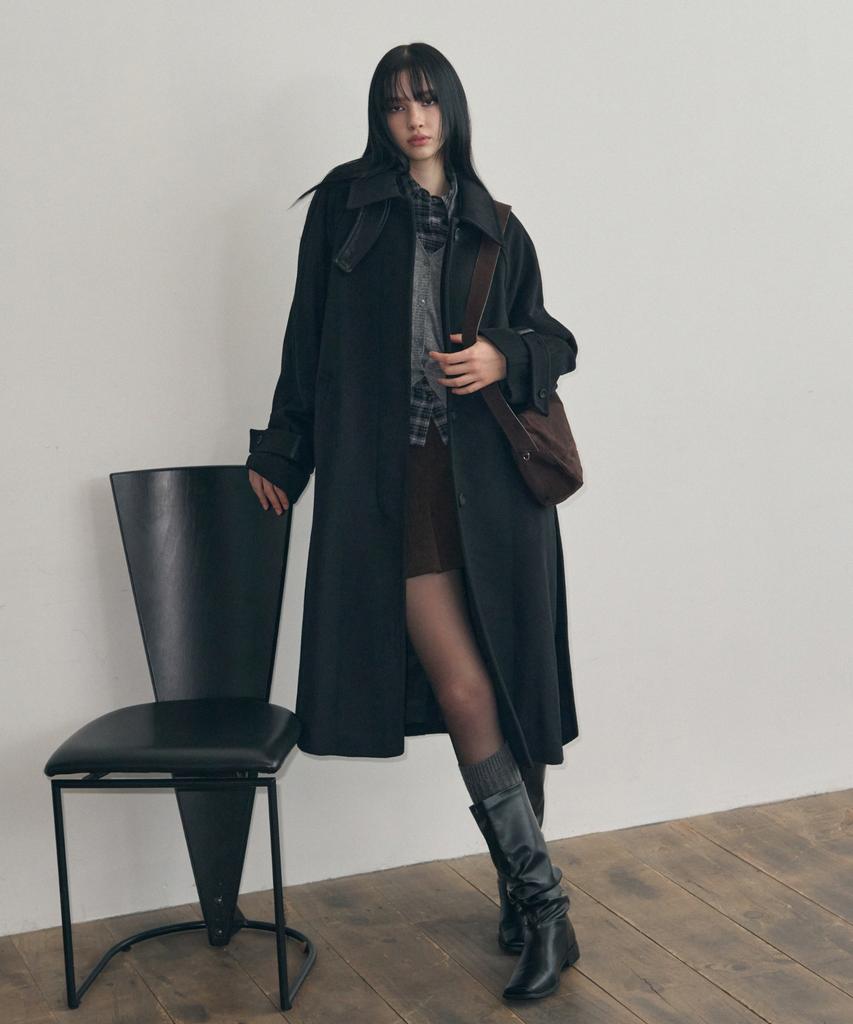 Leathery Cashmere Balmacaan Robe Coat [Grey]