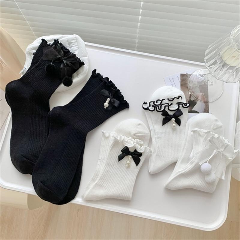 Fashion Harajuku Middle Tube Frilly Socks Women Girls School Student Cute Pearls Bowknot Ruffke Trim Cotton Ankle Socks