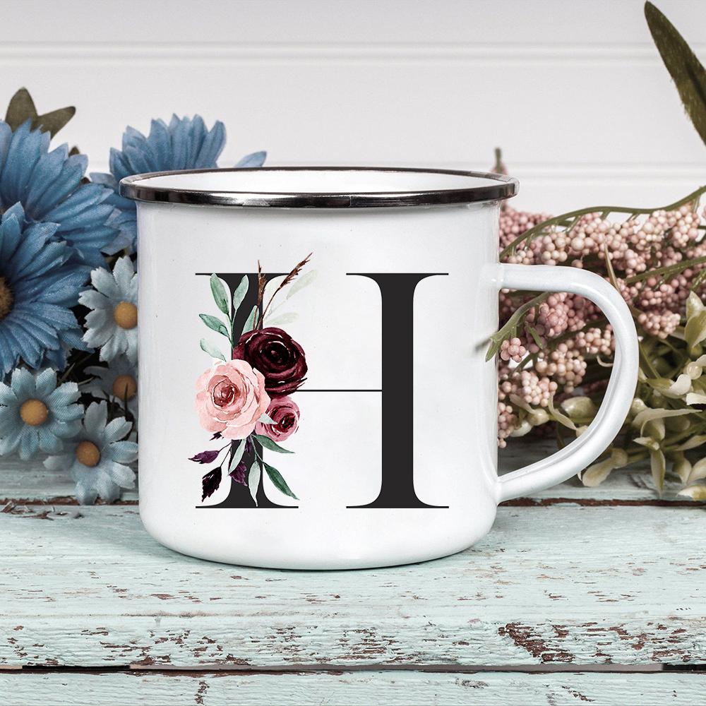 Alphabet Blumen A-Z Vintage Emaille Kaffee Tee Tassen Urlaub Camping Getränke Saft Bier Tassen Zuhause Büro Milch Tasse Geburtstagsgeschenke
