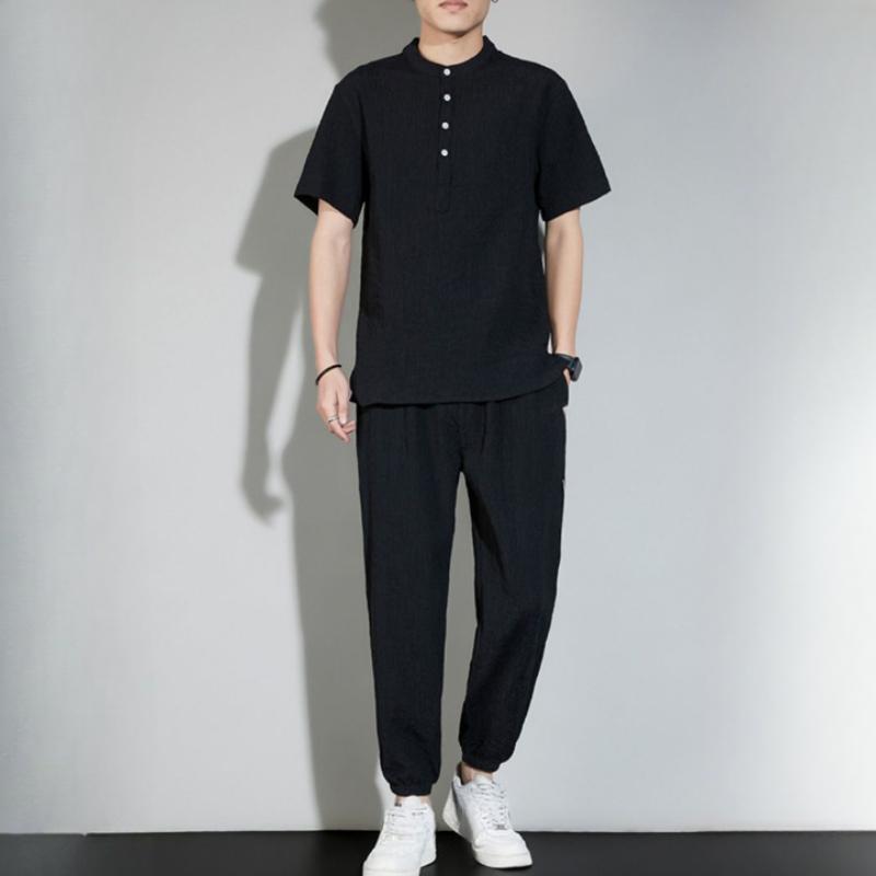 Linen Short-sleeved Suit Men's Summer Thin Ice Silk Loose Breathable Casual Two-piece Suit