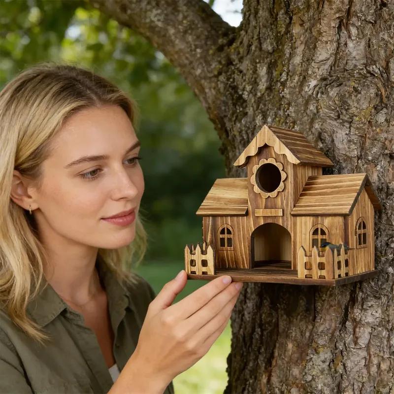 Casas para pájaros para exteriores de madera natural rústica nido para pájaro carbonero casa para pájaros para anidar alimentar criar jardín árbol balcón terraza