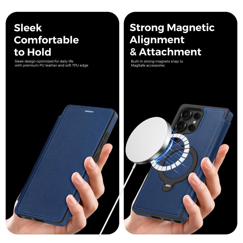 For Samsung Galaxy S25 Ultra Magnetic Case RFID Blocking Leather Wallet Cover with Rotating Ring Kickstand