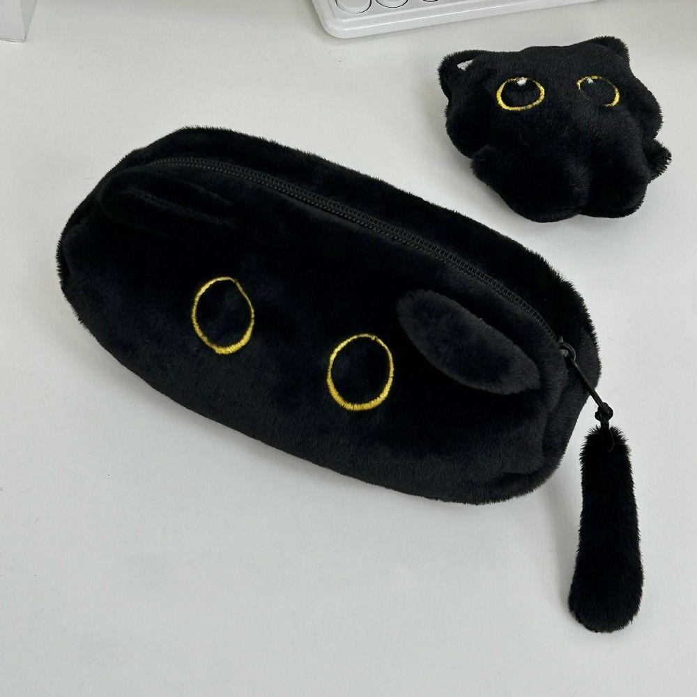 Large Capacity Cat Plush Pencil Case Animal Doll Stationery Storage Bag Black Cat Pen Bag  Boy Girl
