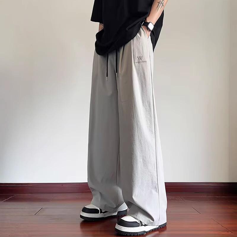 

Мужские летние тонкие быстросохнущие спортивные штаны с широкими штанинами из ледяного шелка, прямые, свободные, повседневные брюки, мужские брюки в американском стиле хай-стрит M серый