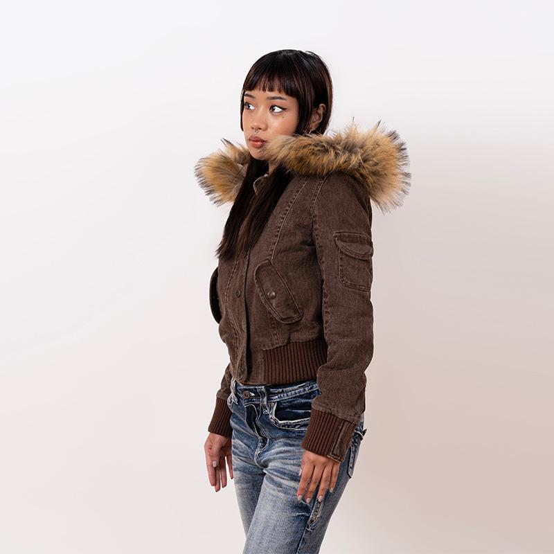 Vintage Brown Short Hooded Jacket Women's Full Sleeve Slim Detachable Fur Collar NEW Winter  Autumn Female Outerwear