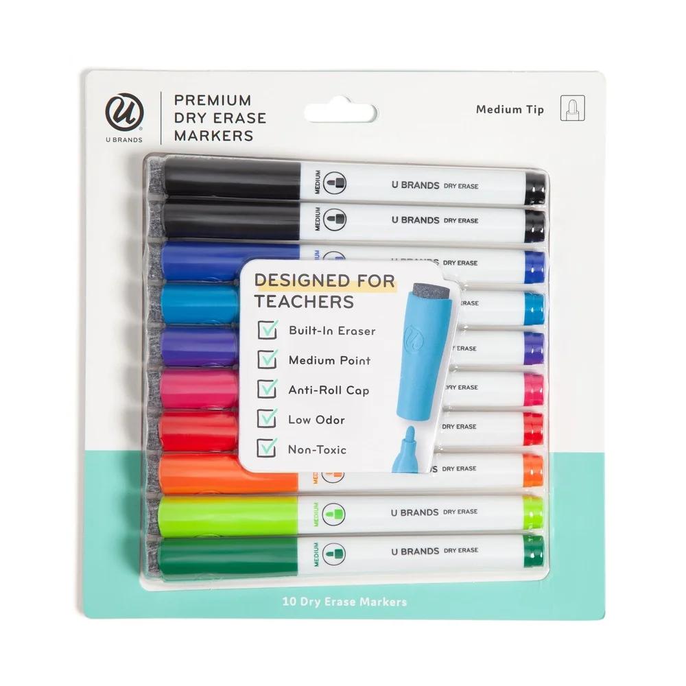 Dry Erase Markers Medium Bullet Tip 10 Count Multi Color Non-Toxic Low Odor Ink Felt Eraser Perfect Home Office Classroom
