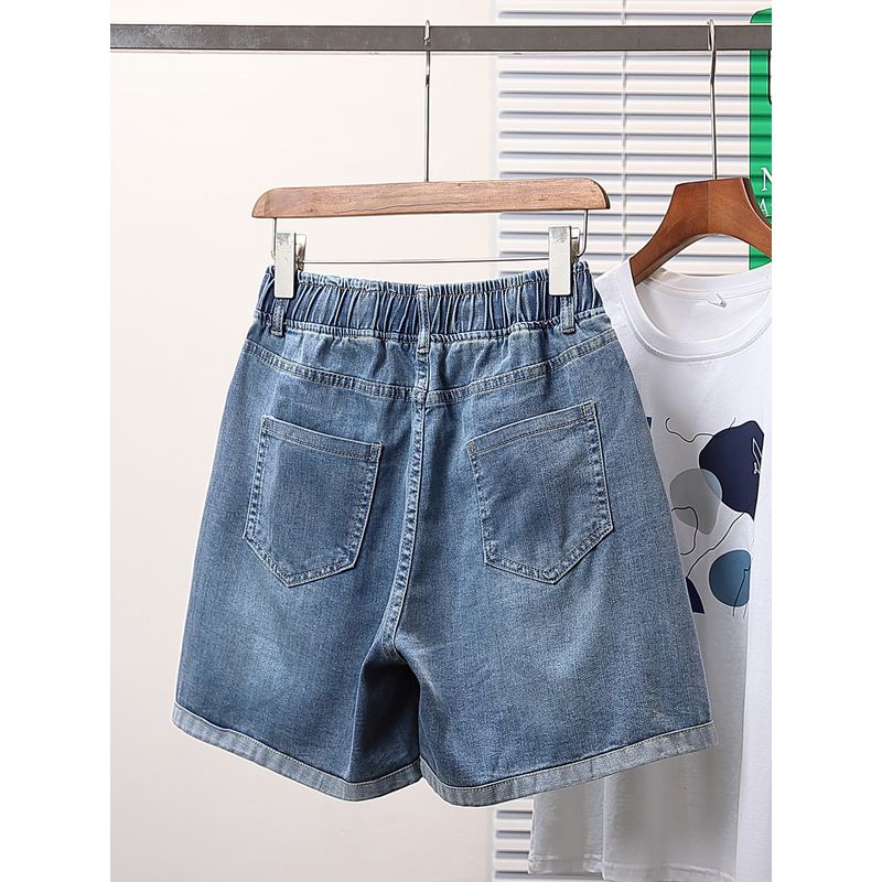 Summer New Plus Size Women's Clothing Lace Bandage Elastic High Waist Loose Thin Elastic Four Points Denim Shorts Hot Pants