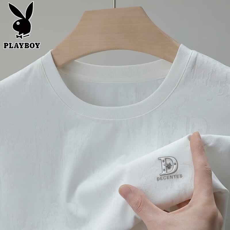 PLAYBOY Men's Ice Silk Jacquard Short-Sleeve T-Shirt