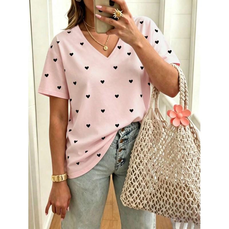 Womens V-Neck Short Sleeve Loose Fit T-Shirt With Floral Lake Scene Cartoon Bun Girl Print 2025 Casual Top