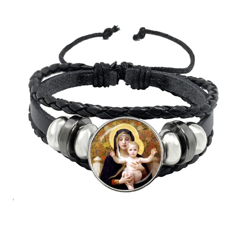 Virgin Mary Baby Jesus Christian Catholicism Jewelry Black Button Leather Bracelet Blessed Mother Religious Glass Cabochon Gift