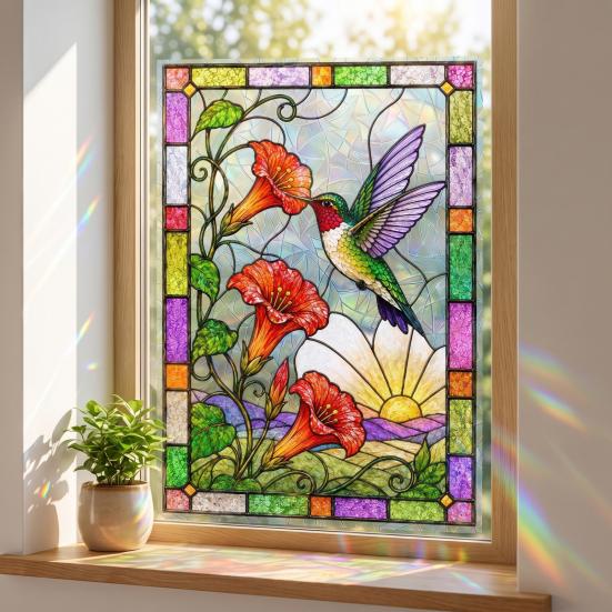 Removable Festive Glass Decor Stained Static Window Clings, Hummingbird Flower Stickers, Home Privacy Screen PVC Decals for Door Sunroom Decoration