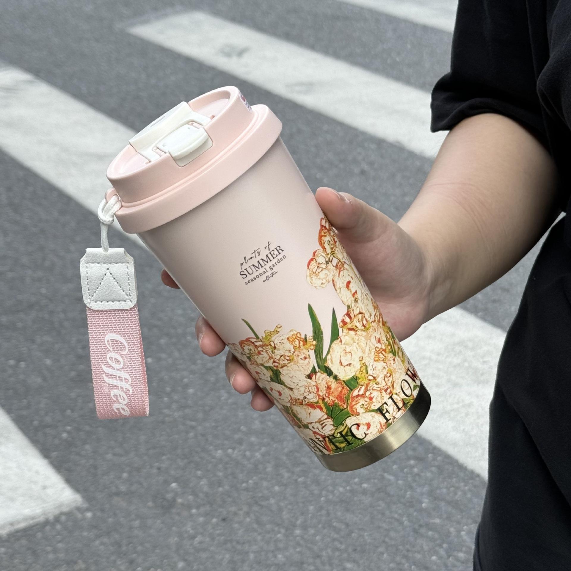 

316 Stainless Steel Lily Of The Valley Double Drink Coffee Cup High Value Accompanying Straw Cup Car Double Layer Vacuum Thermos Cup 500ml