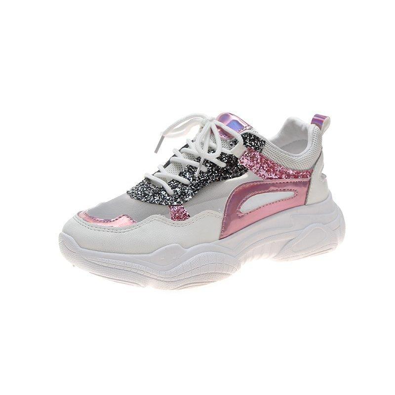 

Daddy Shoes Girl 2025 Spring and Summer New Fashion Casual Breathable Round Head Sequins Hollow Muffin Platform Sneakers 35 розовый