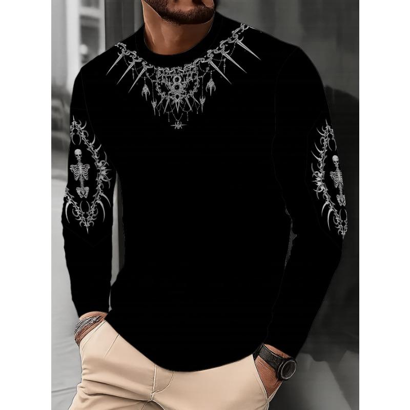 Men'S Trendy Round-Neck Long-Sleeve T-Shirt with a Unique Chain Pattern Print, Stylish And Versatile for Casual Wear