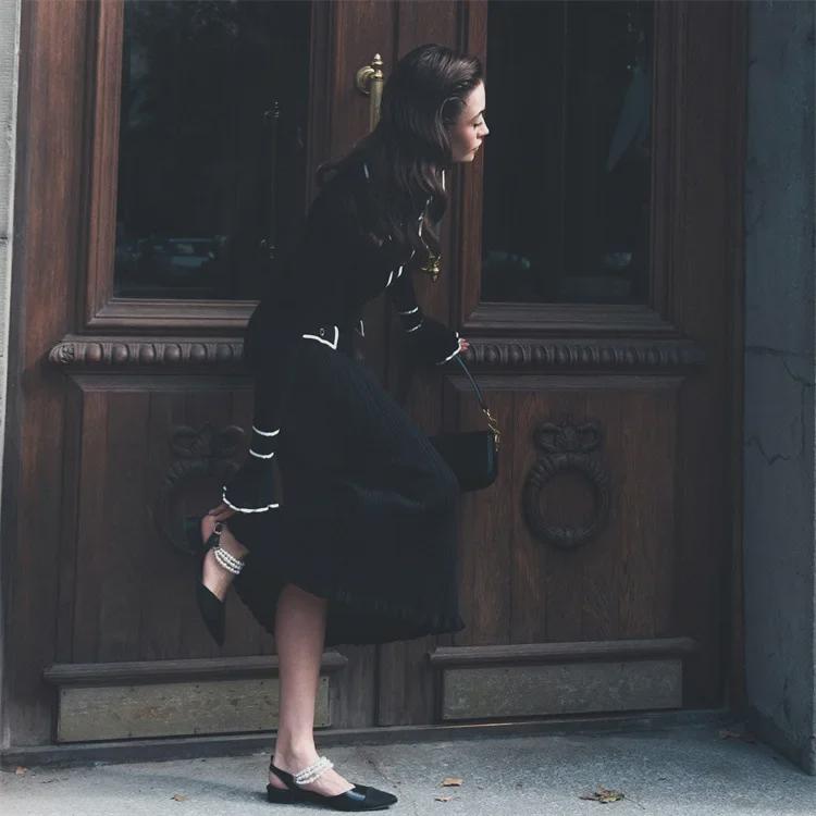 European-American Luxury Ruffled Knit Dress: Autumn Mid-Length with Lapel & Trumpet Sleeves