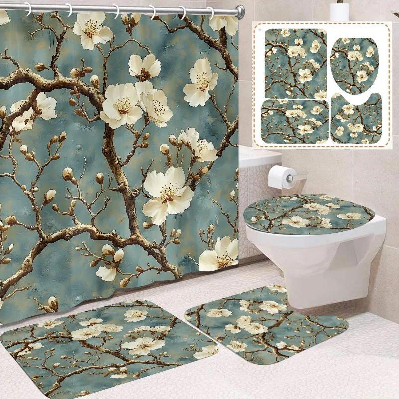 1/4 Stuks Waterdicht en schimmelbestendig Douchegordijn Luxe met Haak Douchegordijn met antislip mat U-vormige mat toiletdekselhoes