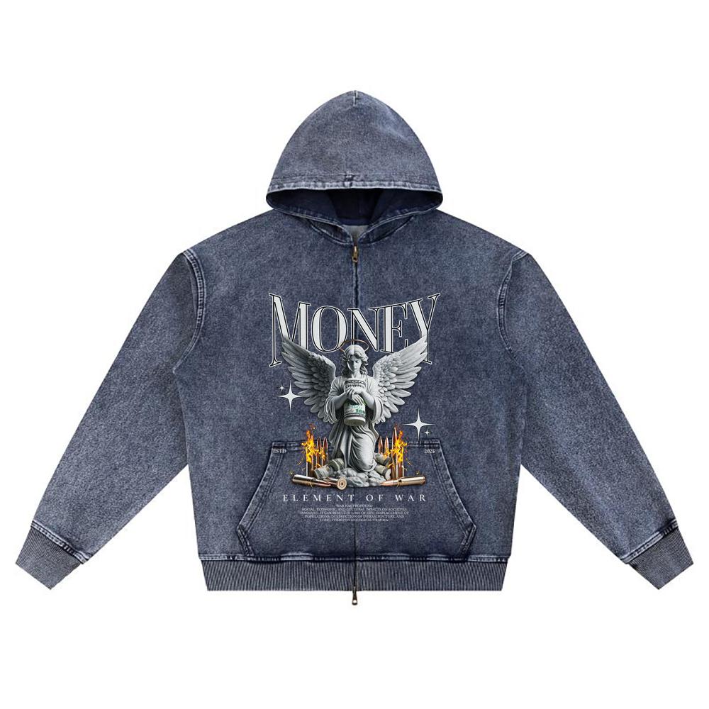 DTG Print Knitted Denim Zip-Up Hoodie Money Brother Print Zipper Hoodies  