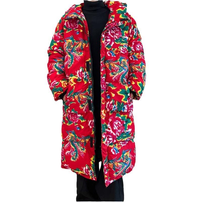 Giacca Imbottita a Fiori Invernale Ispessita Calda Vestiti a Pane Giacca Imbottita Giacca con Cappuccio Nord-Est Fiore Grande Taglia Grande Lunga Moda Trendy Uomo