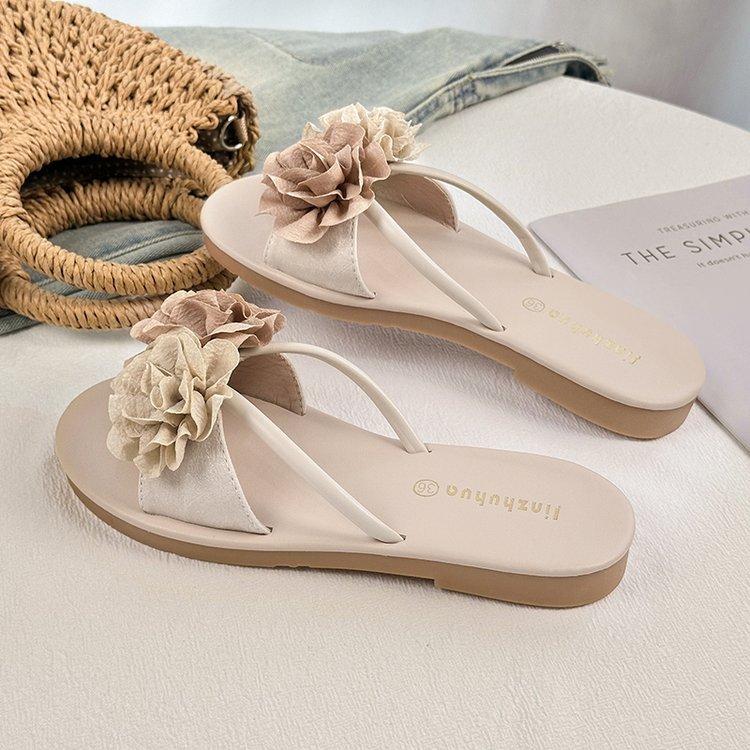 Camellia flower sandals, summer flat bottomed beach one line sandals