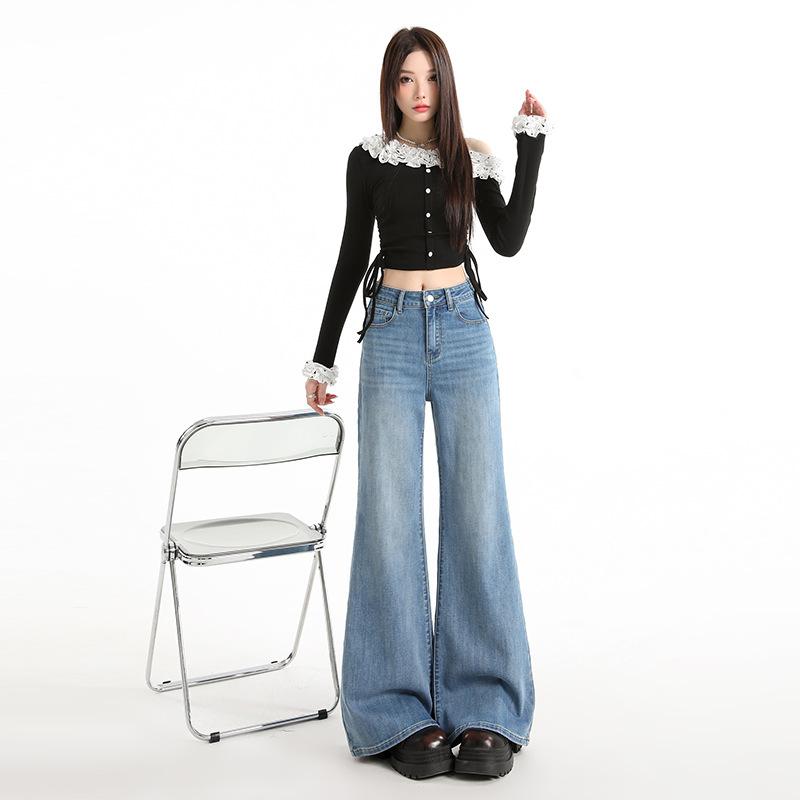 White non-stick leg slightly pulled jeans women's spring and summer new high-waisted loose and thin wide-leg flared pants