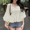 ZANZEA Women Square Neck Casual Crochet Patchwork Summer 3/4 Sleeve Blouse
