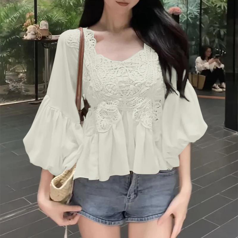 ZANZEA Women Square Neck Casual Crochet Patchwork Summer 3/4 Sleeve Blouse