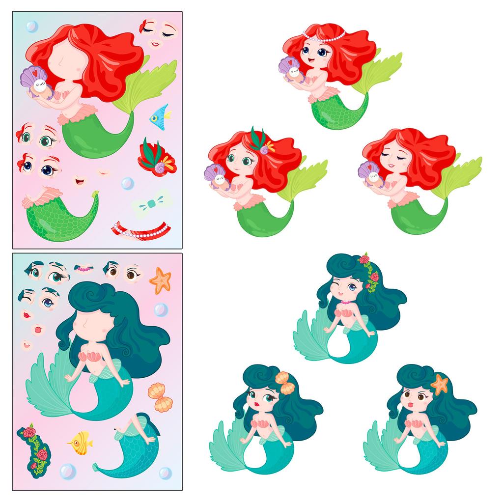6 Packs Mermaid Face-Changing Stickers Mermaid Princess Cartoon Parent-Child Interaction Puzzle Hand Account Diy Puzzle Sticker
