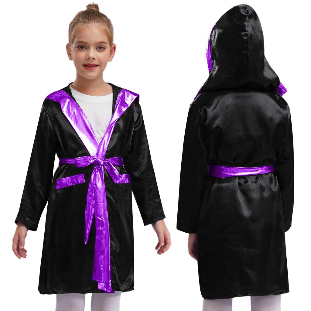Kids Boys Boxing Robe Boxer Cosplay Costume Long Sleeve Metallic Trim Satin Hooded Cloak Kickboxing Gown for Halloween Party