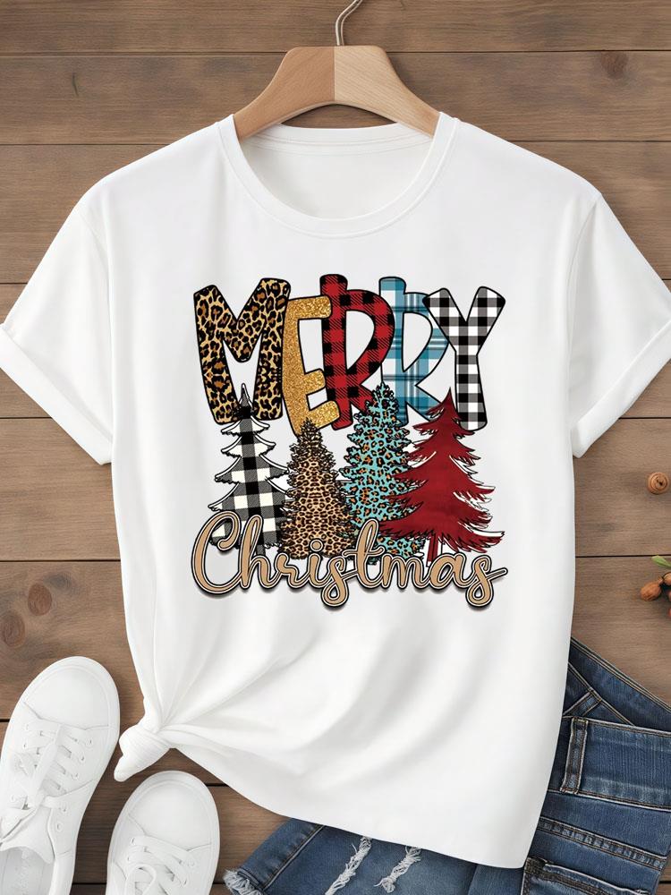 (Asian Size) Tee Top festival  Merry Christmas tree style happy  New Year Holiday Women Print Lady Short Sleeve Fashion Graphic T-shirts