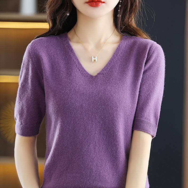 Spring Summer Women Sweater Tshirts V-neck Short Sleeve Top Fashion Pullovers Solid Bottoming Shirt Jumper