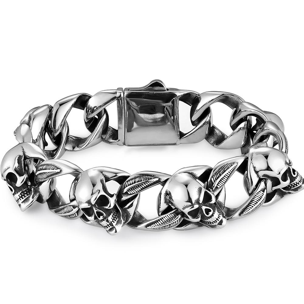 

Матовый черный Мужской Мужской Браслеты Голова Черепа Кубинская Цепь Панк Готика Нержавеющая Сталь Скелет Ювелирные Изделия Мальчики Мужской Наручный Браслет 21CM серебряный